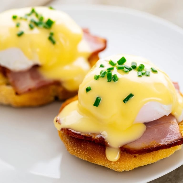 Freshly prepared Eggs Benedict on a plate featuring poached eggs, savory Canadian bacon, and rich hollandaise sauce, perfect for a weekend brunch.