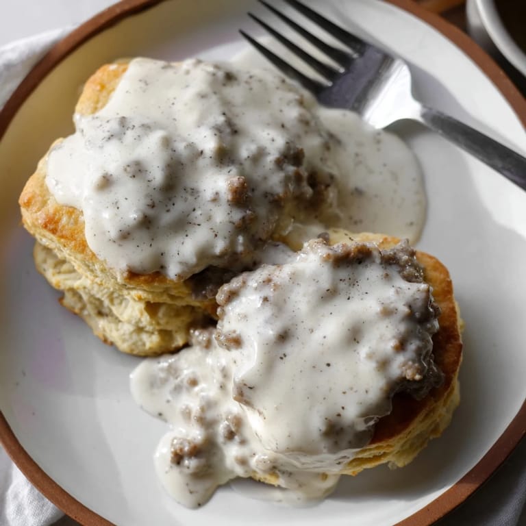 Warm biscuits smothered in rich sausage gravy, steam rising from a hearty Southern breakfast plate.