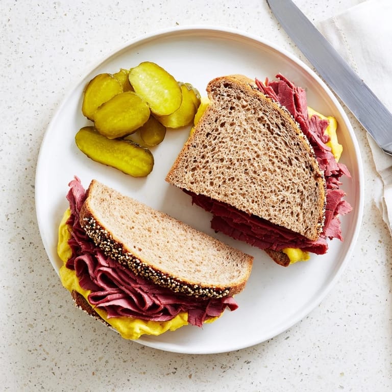 Piled high with warm, peppery pastrami and sharp mustard on rye, ready to serve with crisp dill pickle spears for a tangy crunch.