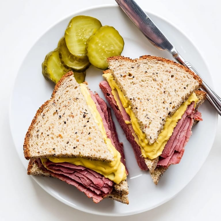 Classic pastrami on rye sandwich cut in half, revealing tender meat layers and mustard, ideal for a quick lunch or comforting deli-style dinner.