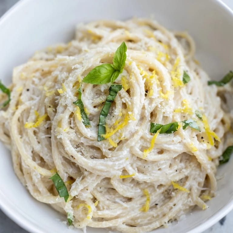 Close-up of lemon ricotta pasta, highlighting the creamy ricotta sauce coating every strand of spaghetti, with vibrant fresh herbs on top.