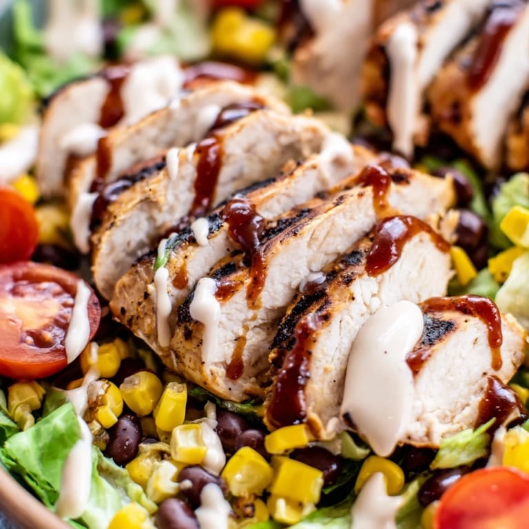 Freshly prepared BBQ Chicken Salad in a rustic bowl, featuring avocado slices, cherry tomatoes, and shredded cheese for a hearty American main dish.