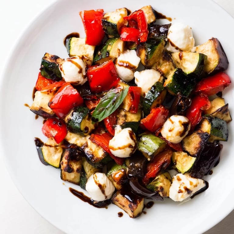 Fresh mozzarella pearls and torn basil garnish this warm Roasted Veggie Caprese Salad, perfect as a light lunch or colorful Italian-inspired side.