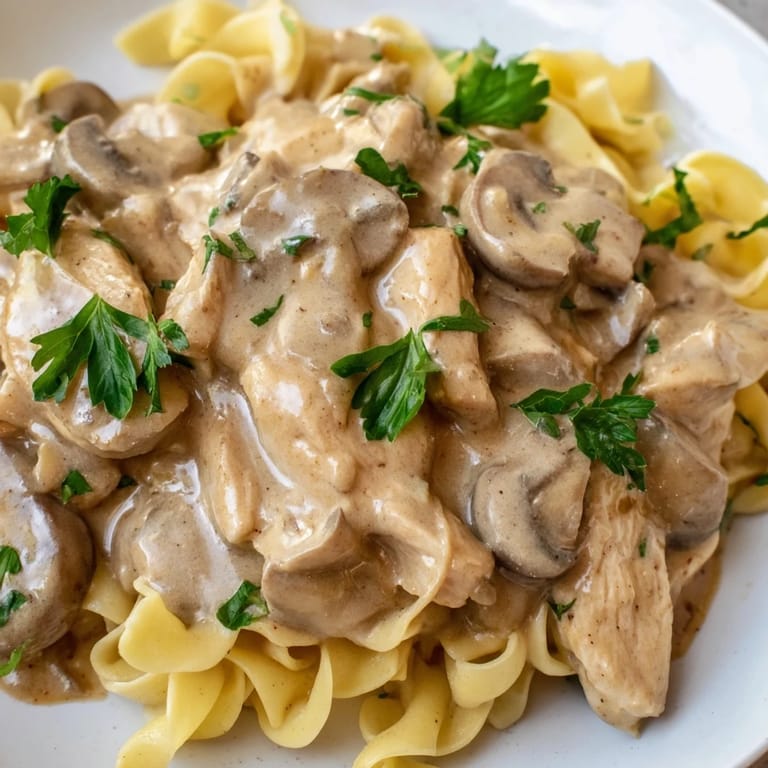 Savory Chicken and Mushroom Stroganoff ready to serve, ideal for a comforting weeknight dinner.