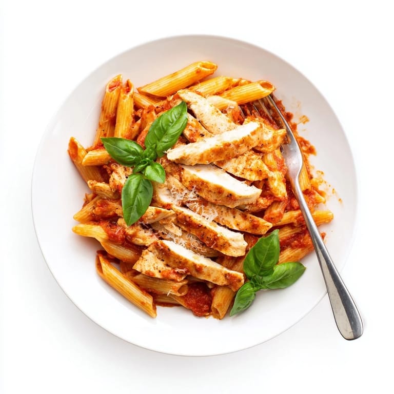 Spicy tomato chicken pasta served hot with grated Parmesan and basil, ready to enjoy with a glass of red wine.