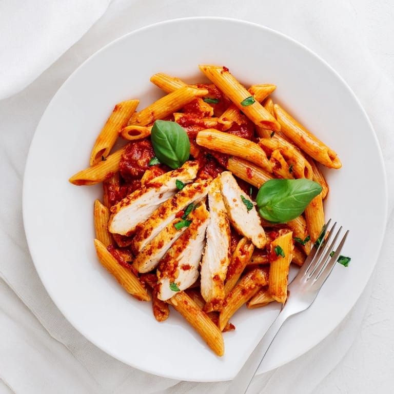 Overhead view of hearty spicy tomato chicken pasta featuring golden-brown chicken, al dente penne, and vibrant red sauce on a rustic plate.