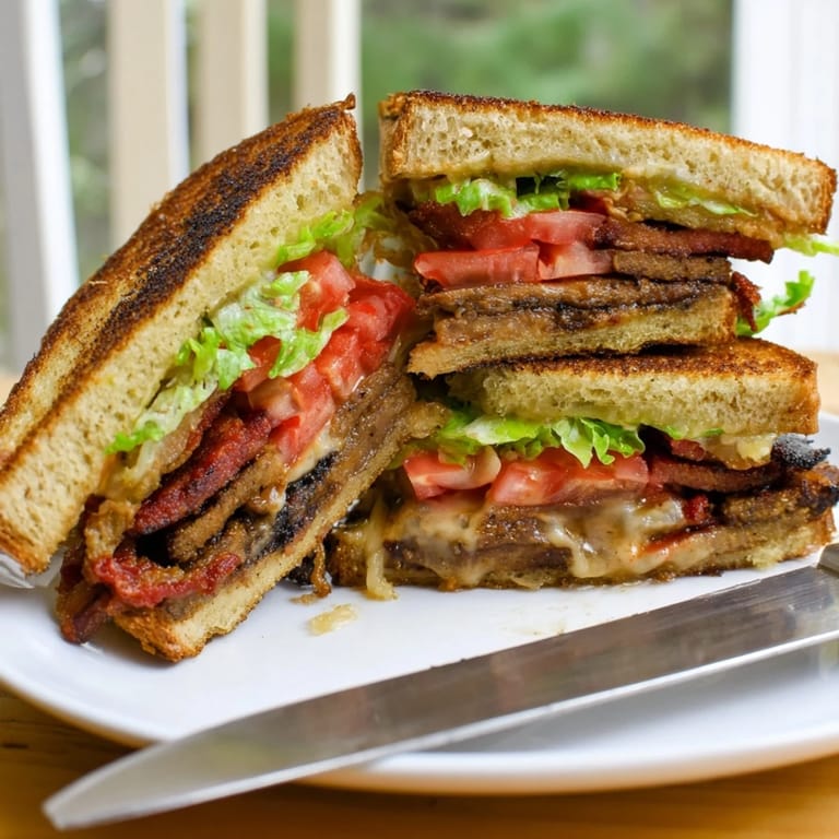 The Vegan Bacon BLT Grilled Cheese rests on a wooden cutting board, sliced to reveal layers of melty vegan cheese, smoky tempeh bacon, and juicy tomato, perfect for a cozy lunch.