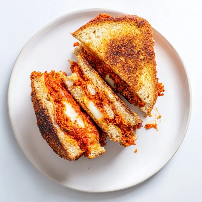 Sizzling Chicken Parm Grilled Cheese on a griddle, with melted cheese oozing out between crispy bread slices.
