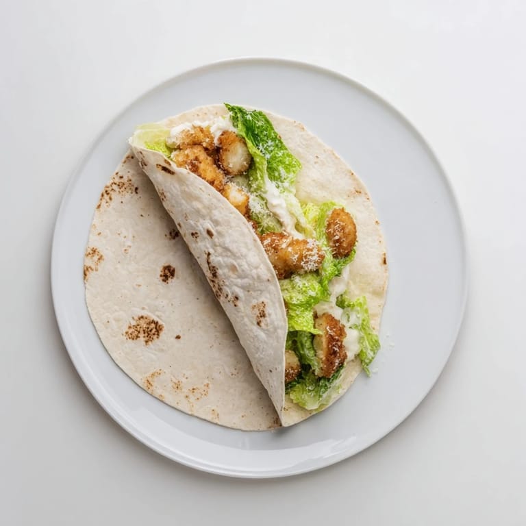 Homemade Crispy Chicken Caesar Wrap with tangy dressing, grated Parmesan, and optional lemon wedges on the side.