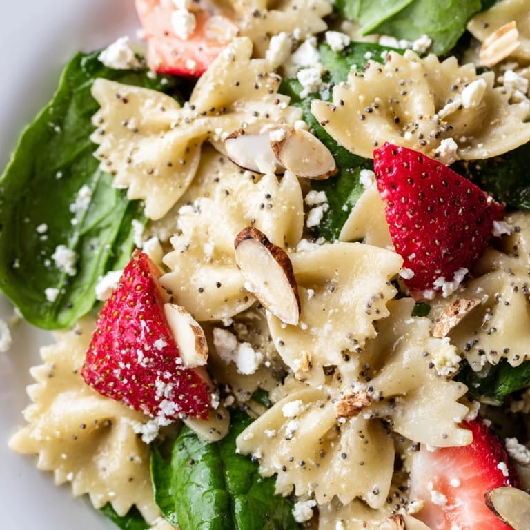A close-up of Spring Spinach Strawberry Pasta Salad shows feta crumbles and basil over a vibrant bed of greens and fruit.