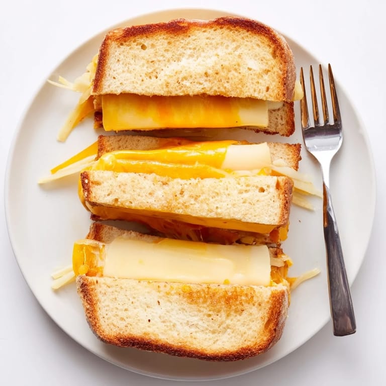 Close-up view of a Triple Cheese Sourdough Grilled Cheese, showcasing the gooey, stretchy cheese filling and perfectly crispy, buttery sourdough crust.