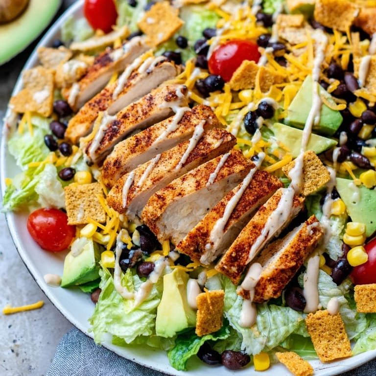 Colorful serving of Crunchy Taco Chicken Salad with lime dressing, green onions, and crushed gluten-free taco shell topping.