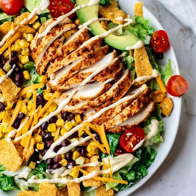 Hearty Tex-Mex Crunchy Taco Chicken Salad featuring tender chicken, avocado, cheddar cheese, and crunchy taco shell pieces.