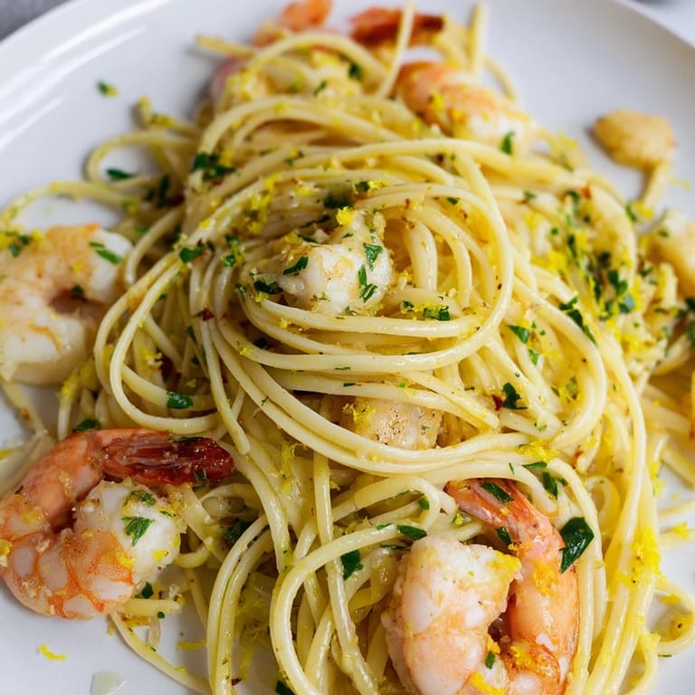 Close-up of Lemon Garlic Shrimp & Chicken Pasta with linguine, showcasing juicy shrimp and golden chicken pieces in garlic butter.