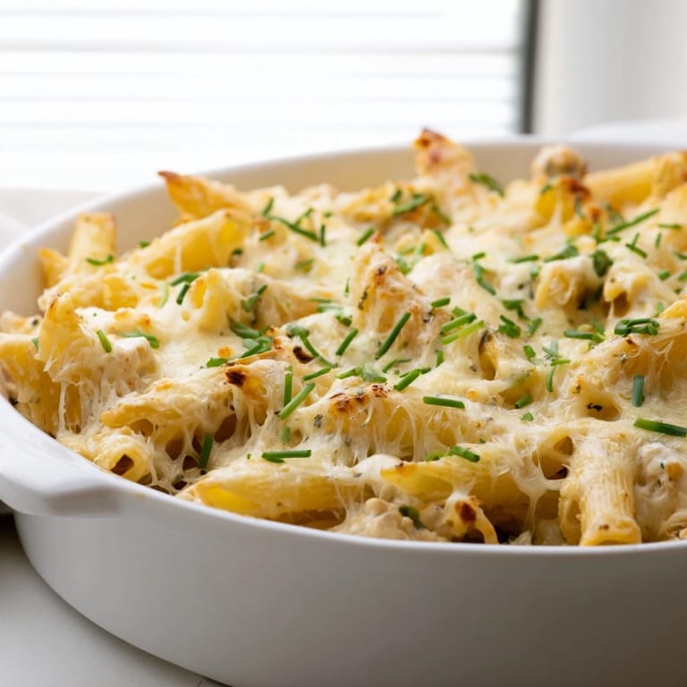 Steam rises from tender penne pasta mixed with diced chicken in a rich, creamy ranch casserole.