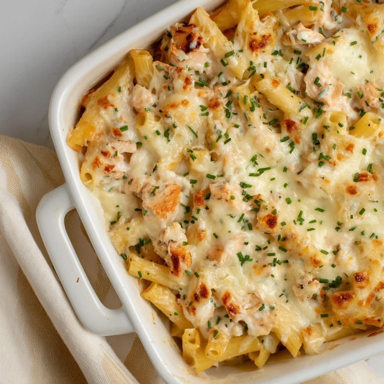 A fork lifts a cheesy, saucy portion of Chicken Ranch Pasta Bake, revealing golden-brown perfection.