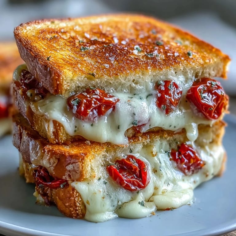 Pepper Jack & Tomato Grilled Cheese on a plate, sliced in half to show the melted layers.