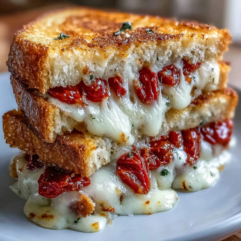 Two servings of spicy Pepper Jack & Tomato Grilled Cheese with a side of creamy tomato soup.