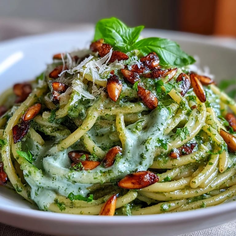 overhead view of luscious creamy sunflower seed pesto pasta, a quick weeknight dinner.