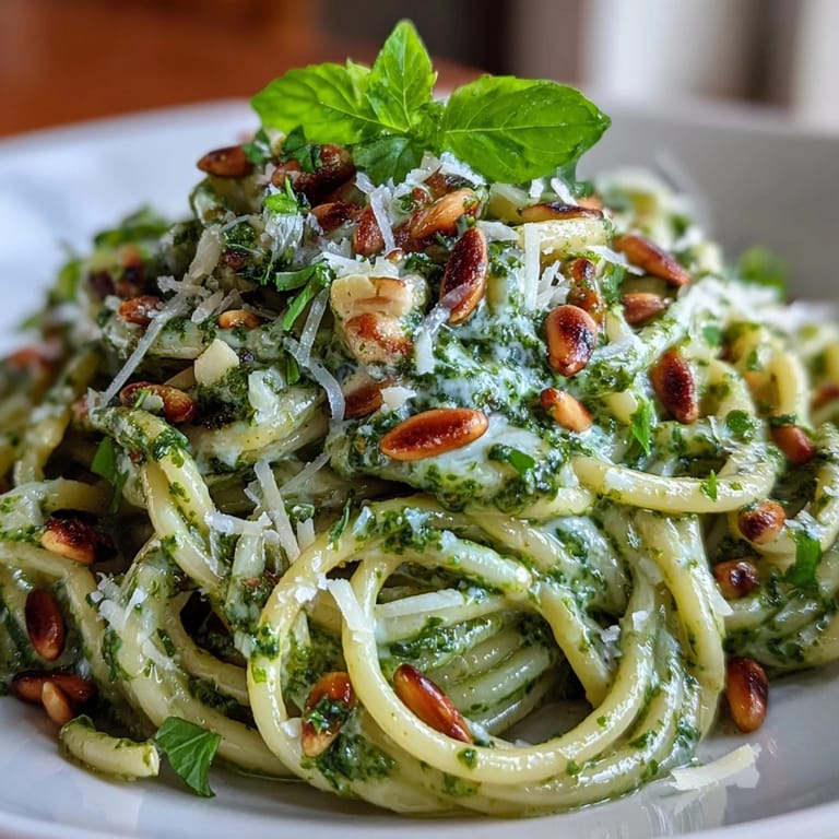 a tempting bowl of creamy sunflower seed pesto pasta, ready to be enjoyed.