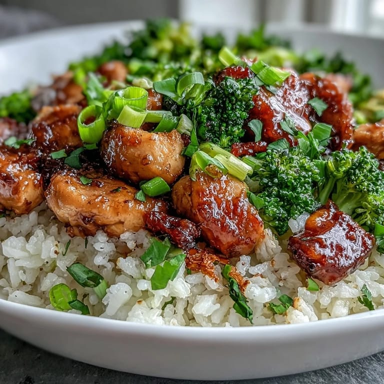 Tender honey garlic chicken, broccoli, and rice, a delicious shortcut dinner.