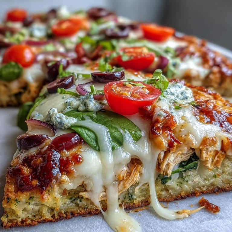 Close-up of a Broccoli Chicken Crust Pizza slice showing melted cheese and fresh toppings.