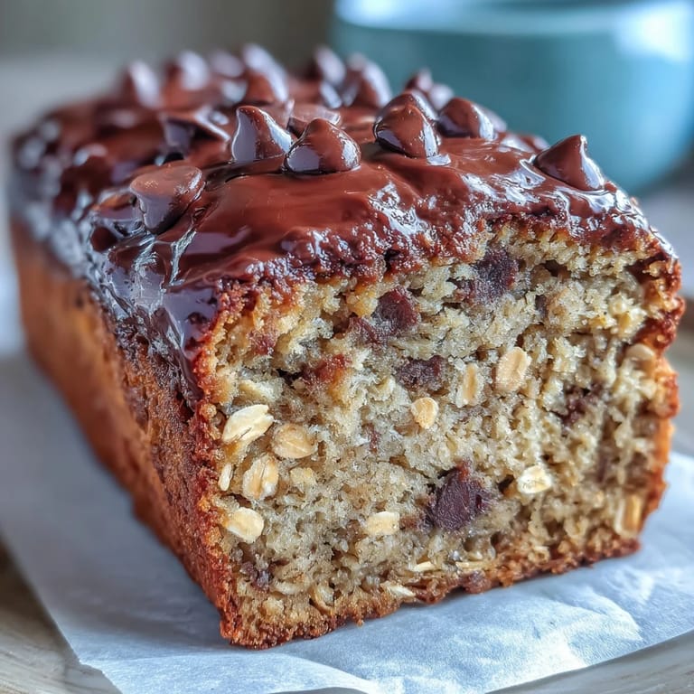 Slice of warm banana bread with peanut butter, oats, and chocolate chips.