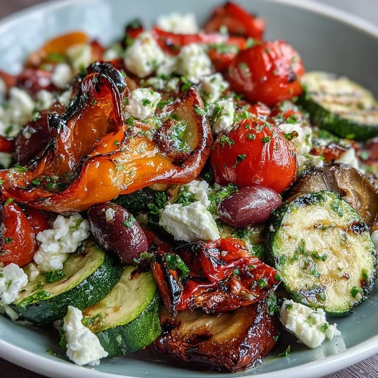 Vibrant Roasted Greek Salad featuring roasted bell peppers, zucchini, and olives.