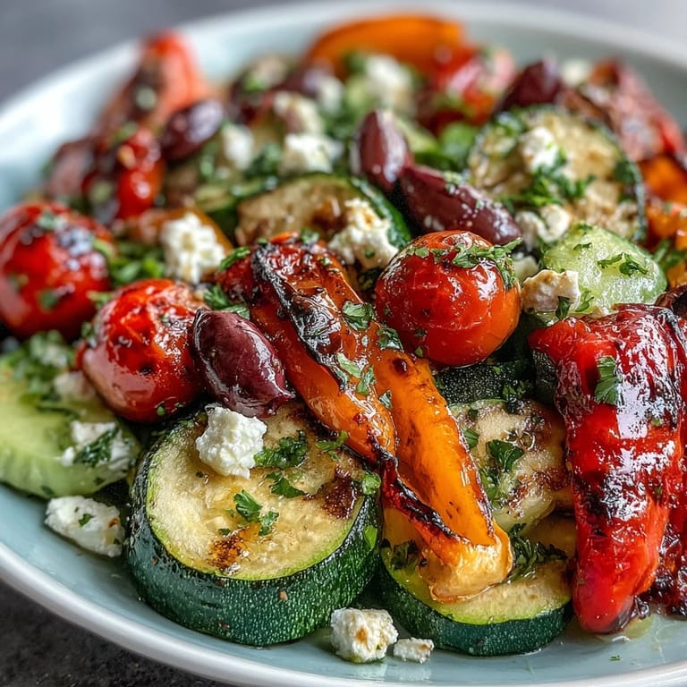 Tender, colorful Roasted Greek Salad ready to be drizzled with lemon-oregano dressing.