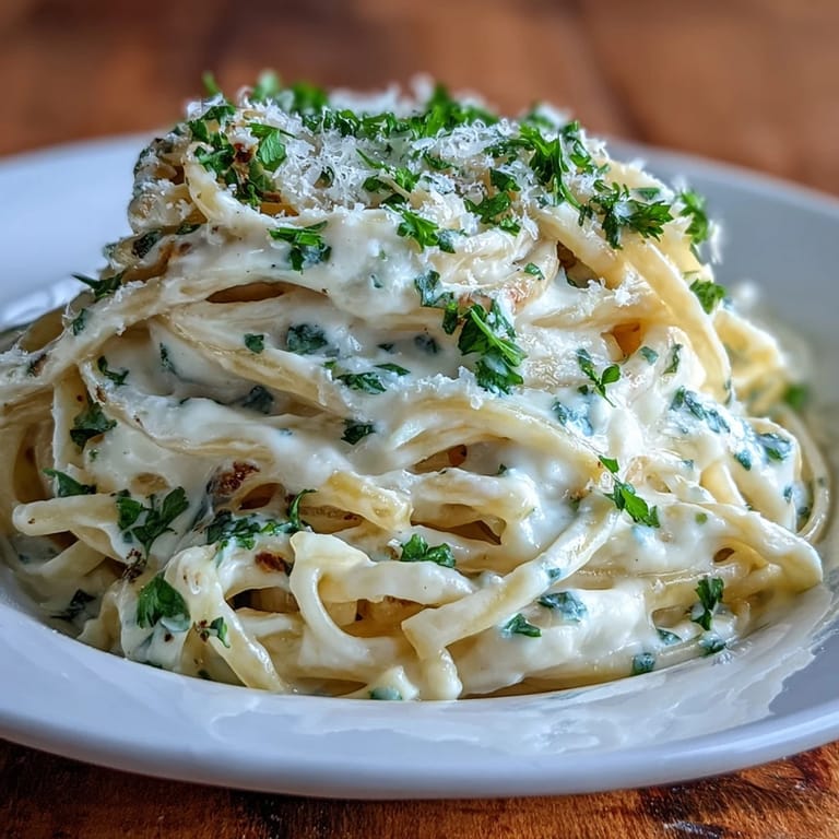 Enjoy this easy creamy cauliflower alfredo, garnished with fresh parsley.