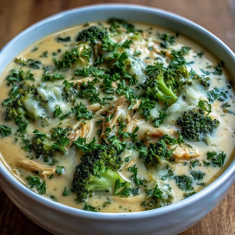 Delicious Chicken Broccoli Cheddar Soup, brimming with savory chicken and vibrant broccoli florets.