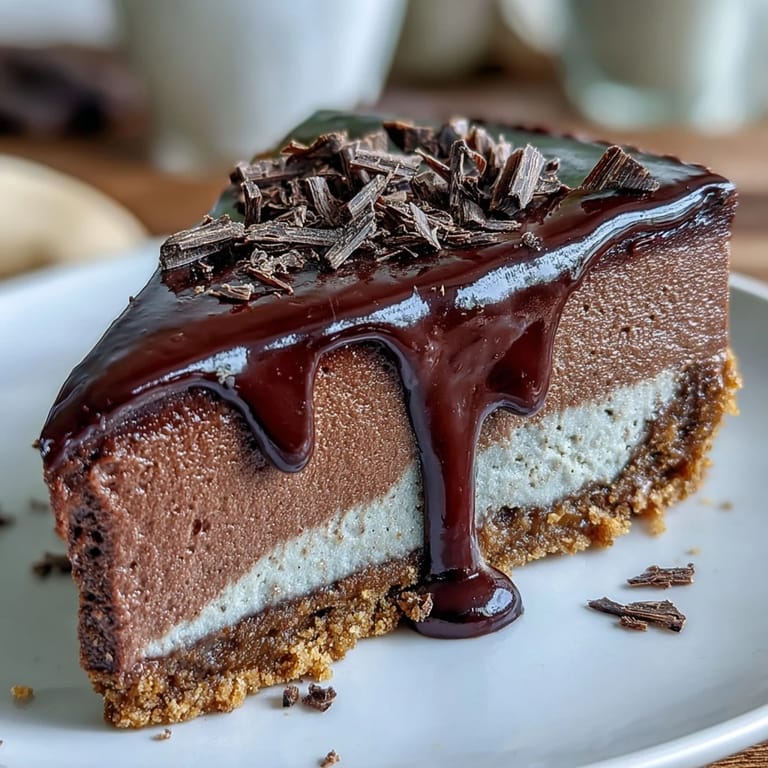 Glossy Lighter Chocolate Cottage Cheese Cheesecake, perfectly chilled and topped with cocoa shavings.