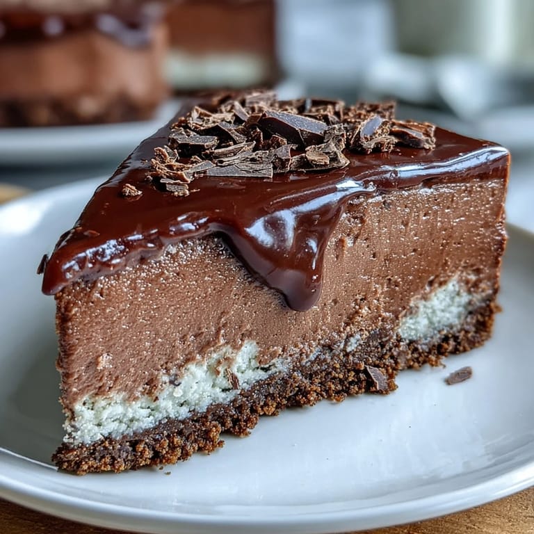 A blissful slice of Lighter Chocolate Cottage Cheese Cheesecake, showcasing a creamy, high-protein texture.