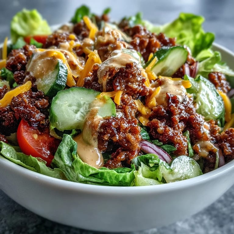 Gluten-free Big Mac in a Bowl recipe featuring fresh lettuce, tomatoes, and savory seasoned beef.
