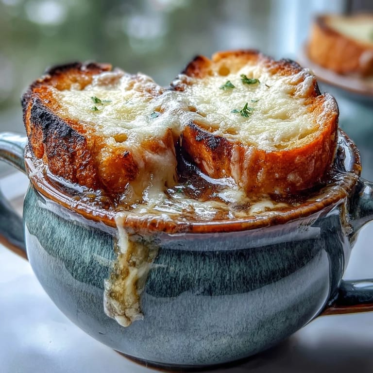 Homemade Classic French Onion Soup with deeply caramelized onions served alongside crusty bread and a glass of dry white wine.