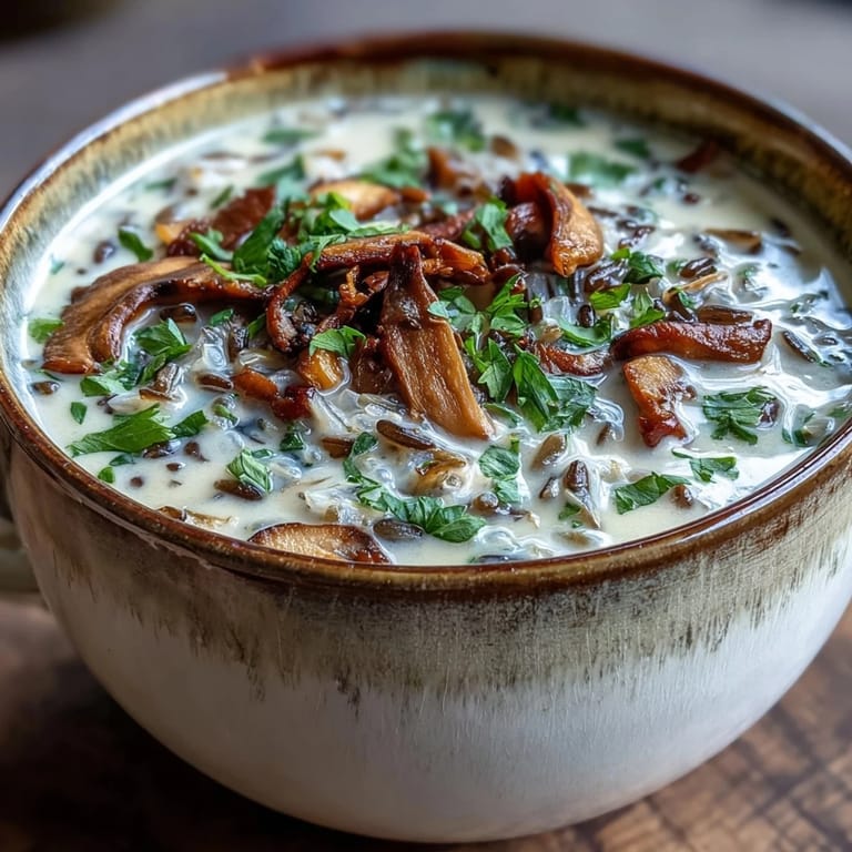 Earthy Wild Rice Mushroom Soup simmering in a pot, featuring sliced mushrooms and thyme.