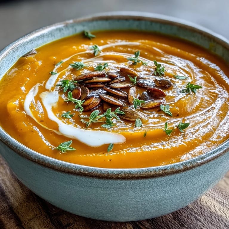 A ladle of creamy roasted butternut squash soup pours into a rustic bowl.