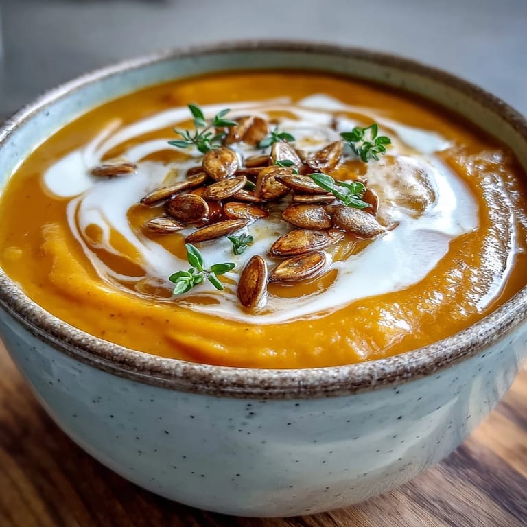 Vibrant roasted butternut squash soup served with a side of crusty bread.