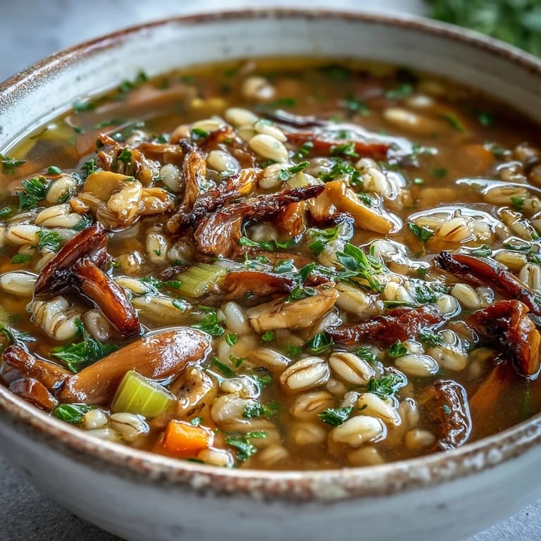 Close-up of a comforting Mushroom Barley Soup, showing diced carrots and celery in a rustic, deli-style bowl ready to be enjoyed.