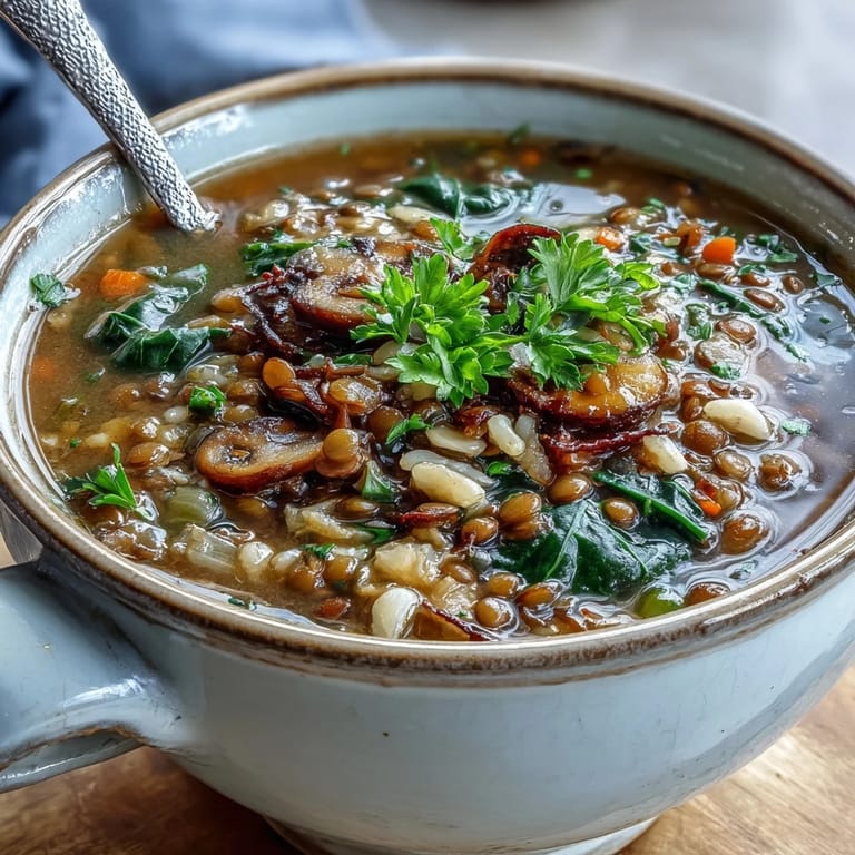 Double Lentil and Mushroom Barley Soup served hot with crusty bread on the side.