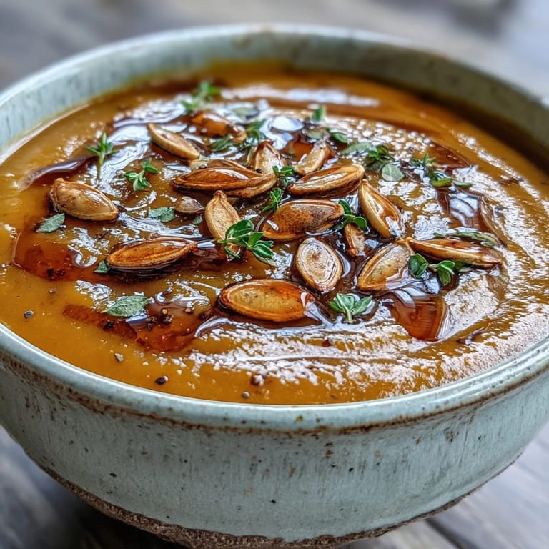 Roasted butternut squash soup in a white bowl with fresh thyme, showcasing its velvety texture.