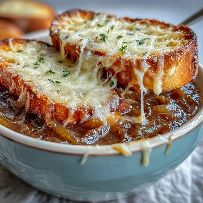 A rich, steaming bowl of French Onion Soup features caramelized onions, savory broth, and a crusty baguette topped with melted Gruyère.