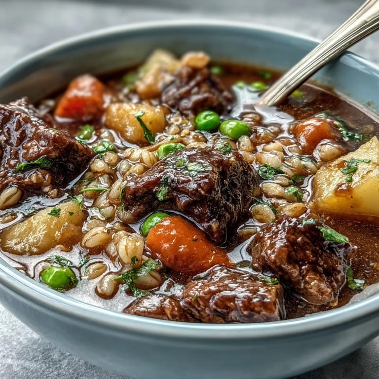A hearty ladle of Beef and Barley Soup served in a rustic bowl, showcasing tender beef chunks and colorful vegetables alongside crusty artisan bread.