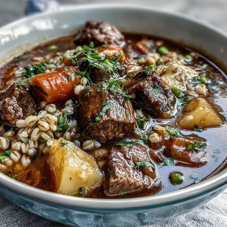 Close-up of a ladleful of Beef and Barley Soup over a bowl, highlighting the rich broth, pearl barley, and savory beef chunks.