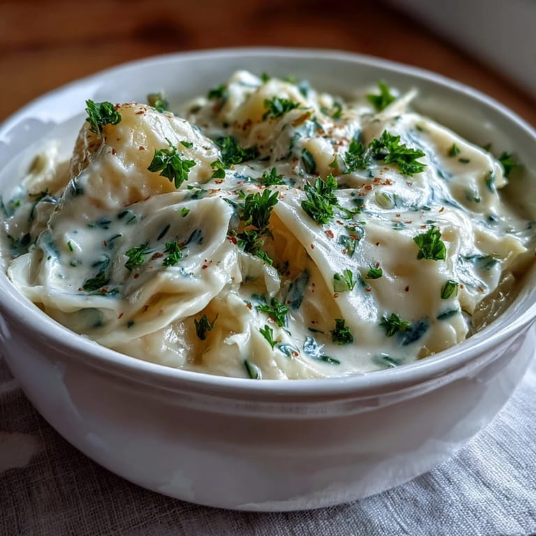 Hearty Creamy Potato Soup with Cabbage in a white bowl, steam rising, with a golden swirl of cream.