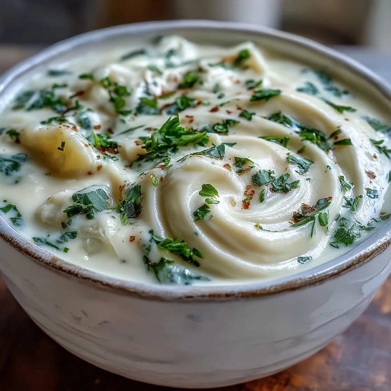 Creamy Potato Soup with Cabbage ladled into a dark bowl, garnished with thyme and a slice of bread.