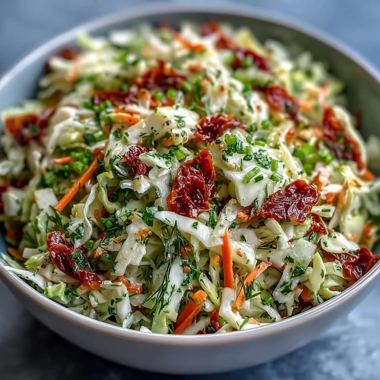Freshly tossed cabbage salad featuring sweet sun-dried tomatoes, carrots, and a bright, herby dressing.