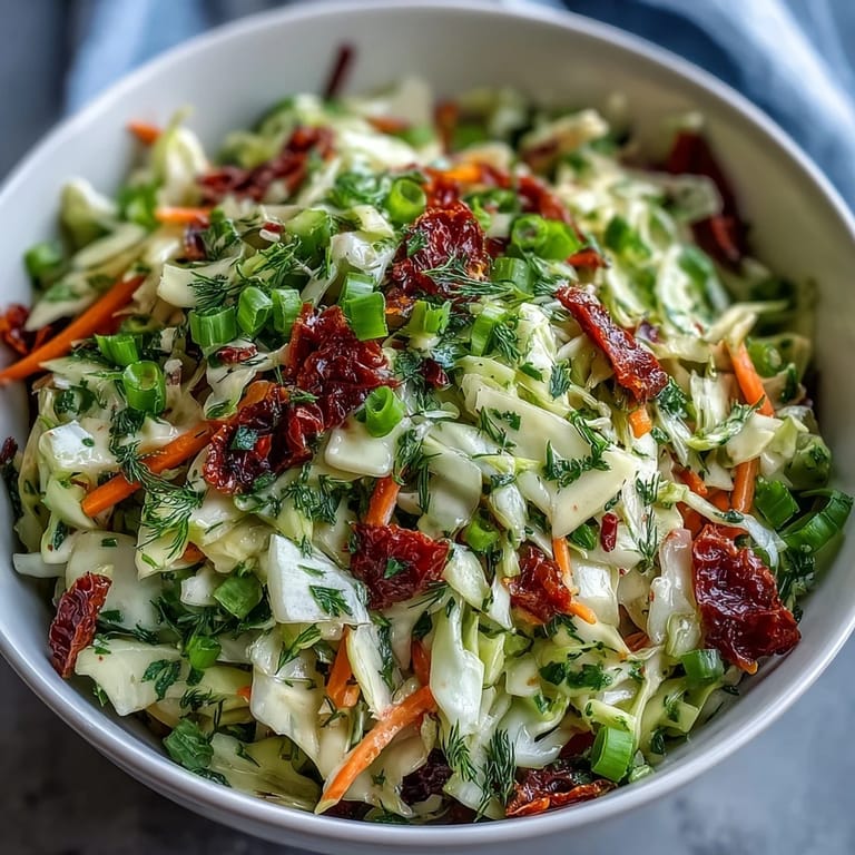 Healthy cabbage salad with sun-dried tomatoes, herbs, and a drizzle of olive oil dressing.