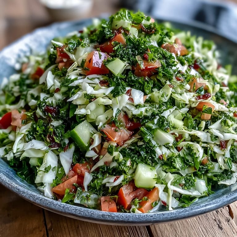 Bright Lebanese Cabbage Salad featuring crisp vegetables and chopped parsley and mint, lightly dressed and ready to serve in a rustic white bowl.