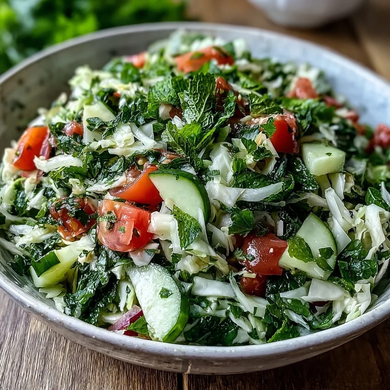 Vegan Lebanese Cabbage Salad with crunchy cabbage, juicy tomatoes, and cool cucumbers, topped with fresh mint and a drizzle of lemony olive oil.
